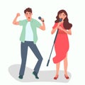 Pop singers sing songs into the microphone Creative profession of human singing. Vector illustration of human activity